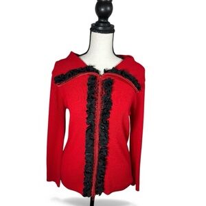 D&Y Red Ribbed Zip Up Cardigan Sweater Black Floral Ruffle Trim Women’s Size M